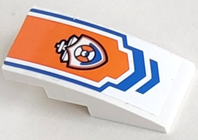 LEGO 93606pb011 Slope, Curved 4 x 2 with Blue Chevron and Coast Guard Logo on Orange Background Pattern (Sticker) - Set 60011 - Main Product Image