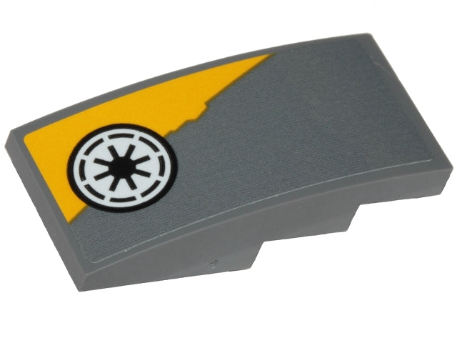 LEGO 93606pb079L Slope, Curved 4 x 2 with Yellow Triangular Shape and SW Republic Pattern Model Left Side (Sticker) - Set 75214 - Main Product Image