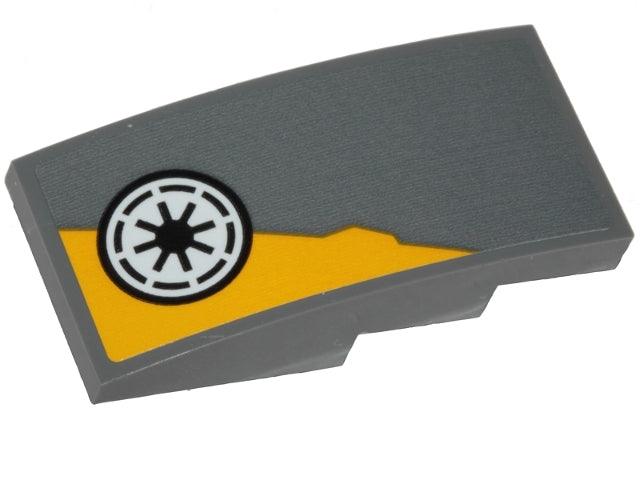 LEGO 93606pb079R Slope, Curved 4 x 2 with Yellow Triangular Shape and SW Republic Pattern Model Right Side (Sticker) - Set 75214 - Main Product Image