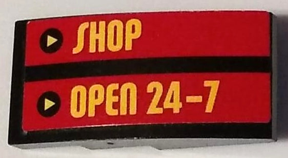 LEGO 93606pb152 Slope, Curved 4 x 2 with Yellow 'SHOP' and 'OPEN 24-7' Pattern (Sticker) - Set 60132 - Main Product Image
