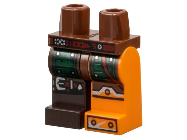 LEGO 970d32pb01 Hips and 1 Orange Left Leg with Armor and Black and Silver Bolted Boots, 1 Dark Brown Right Leg with Green Armor and Knee Belt Pattern - Main Product Image