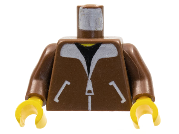 LEGO 973p70c01 Torso Bomber Jacket with White Pockets, Zipper and Collar over Black Shirt, Yellow Neck Pattern /  Arms / Yellow Hands - Main Product Image