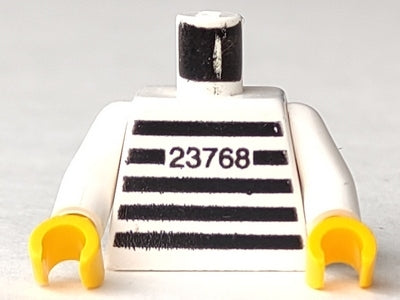 LEGO 973pb0056c02 Torso Prison Shirt with Black Stripes and '23768' Thick Font Pattern /  Arms / Yellow Hands - Main Product Image
