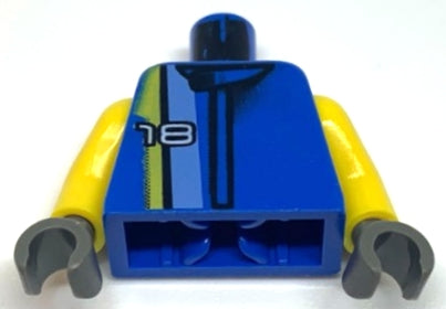 LEGO 973pb0072c01 Torso Racers White '18' on Medium , Black, and Yellow Stripes Pattern / Yellow Arms / Dark Gray Hands - Main Product Image
