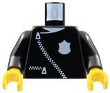 LEGO 973pb0079c01 Torso Police Leather Jacket with Thin White Zippers and Badge Pattern /  Arms / Yellow Hands - Main Product Image