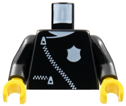LEGO 973pb0079c01 Torso Police Leather Jacket with Thin White Zippers and Badge Pattern /  Arms / Yellow Hands - Main Product Image