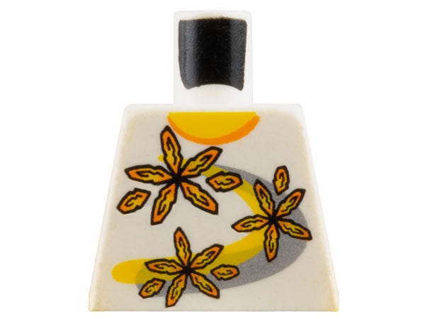 LEGO 973pb0089 Torso Shirt with Orange Collar and 3 Flowers over Yellow and Silver Curved Stripes Pattern - Main Product Image