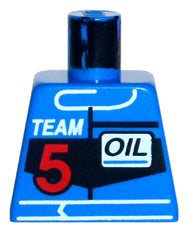 LEGO 973pb0096 Torso Race Driver with White 'TEAM', Red Number 5, and Black 'OIL' Pattern - Main Product Image