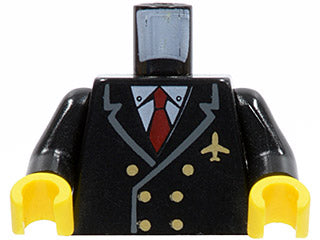 LEGO 973pb0109c01 Torso Airplane Pilot, Suit Double Breasted, Red Tie, Gold Buttons and Logo Pin Pattern /  Arms / Yellow Hands - Main Product Image