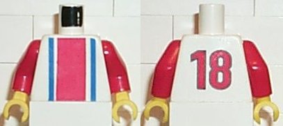 LEGO 973pb0124c01 Torso Soccer Vertical Red and Blue Stripes and Number 18 on Back Pattern / Red Arms / Yellow Hands - Main Product Image