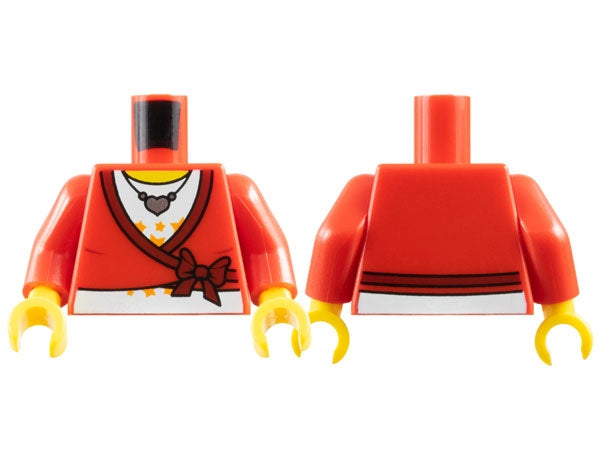 LEGO 973pb0580c01 Torso Sweater Cropped with Dark  Bow and Trim over White Shirt with Bright Light Orange Stars, Silver Heart Pendant Necklace, Yellow Neck Pattern /  Arms / Yellow Hands - Main Product Image