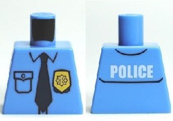 LEGO 973pb0801 Torso Police Uniform Shirt with Pocket and White 'POLICE' on Back, Gold Badge, Dark Blue Tie Pattern - Main Product Image