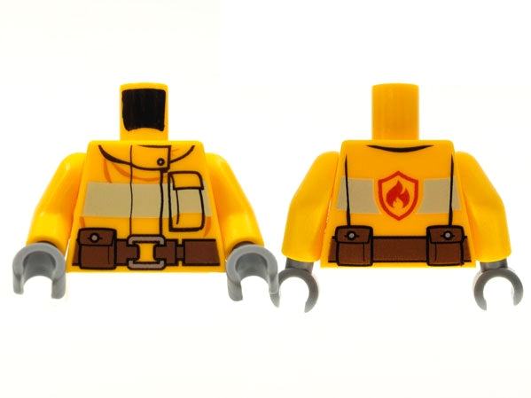 LEGO 973pb1011c01 Torso Fire Suit with Stripe and Brown Utility Belt and Fire Logo on Back Pattern /  Arms / Dark Bluish Gray Hands - Main Product Image