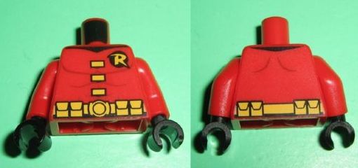 LEGO 973pb1097c01 Torso Batman 'R' Symbol, Yellow Clasps and Belt with Pockets Pattern /  Arms / Black Hands - Main Product Image