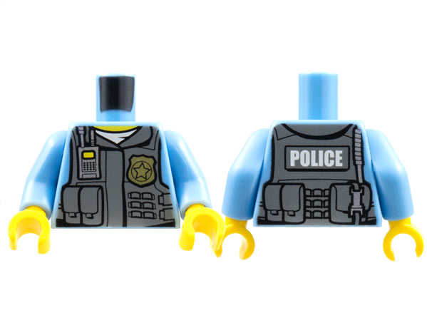 LEGO 973pb1350c01 Torso Police Shirt with Dark Bluish Gray Vest, Gold Badge, Radio, White Undershirt and White 'POLICE' Pattern on Back / Medium Blue Arms / Yellow Hands - Main Product Image