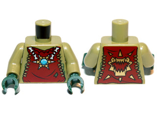 LEGO 973pb1356c01 Torso Dark Red Vest with Star Shaped Necklace with Blue Round Jewel (Chi), Back with Gold Crocodile Jaws Pattern /  Arms / Dark Green Hands - Main Product Image