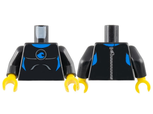 LEGO 973pb1435c01 Torso Wetsuit with Blue Collar, Panels, and Wave Logo, Silver Zipper on Back Pattern /  Arms / Yellow Hands - Main Product Image