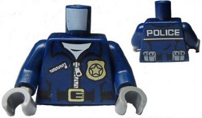 LEGO 973pb1547c01 Torso Police Jacket with White Undershirt, Zippers, Gold Badge and Buckle with &#39;POLICE&#39; Pattern on Back /  Arms / Dark Bluish Gray Hands - Main Product Image