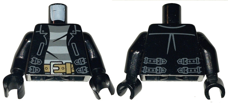 LEGO 973pb1550c01 Torso Leather Jacket Open with Straps over Shirt with Dark Bluish Gray and Light Bluish Gray Stripes, Dark Tan Belt with Silver Buckle Pattern /  Arms /  Hands - Main Product Image