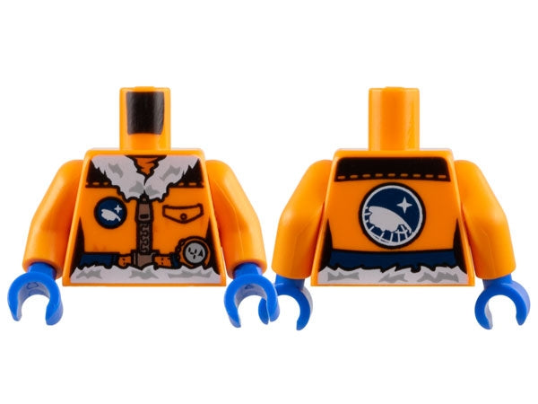 LEGO 973pb1703c01 Torso Female Coat with Arctic Explorer Logo, Pocket, Silver Zipper, and White Fur Collar and Waistline, Dark Blue Belt Pattern /  Arms / Blue Hands - Main Product Image