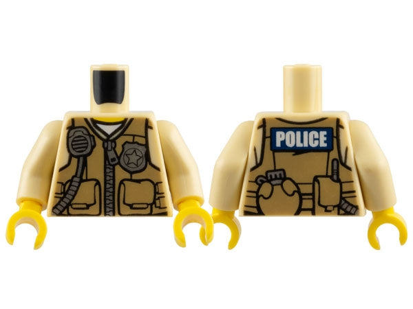 LEGO 973pb1886c01 Torso Police Shirt with Dark  Vest with Pockets, Silver Radio and Badge, Zipper and &#39;POLICE&#39; Pattern on Back /  Arms / Yellow Hands - Main Product Image