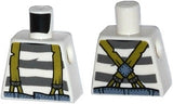 LEGO 973pb1909 Torso Town Prisoner Olive Green Suspenders over Shirt with Dark Bluish Gray Prison Stripes Pattern - Main Product Image