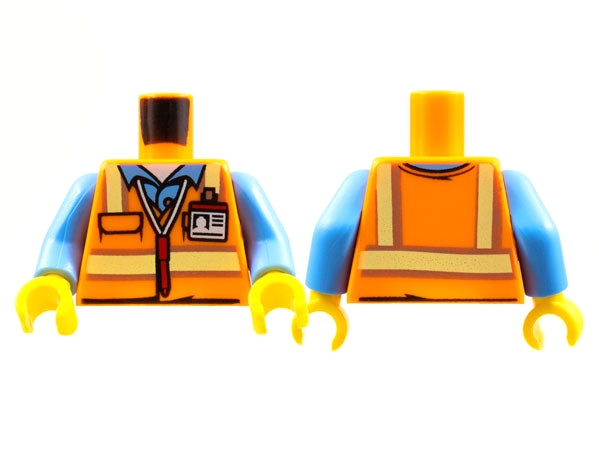 LEGO 973pb2017c01 Torso Safety Vest with Reflective Stripes over Medium Blue Shirt, ID Badge, Red Pen Around Neck Pattern / Medium Blue Arms / Yellow Hands - Main Product Image