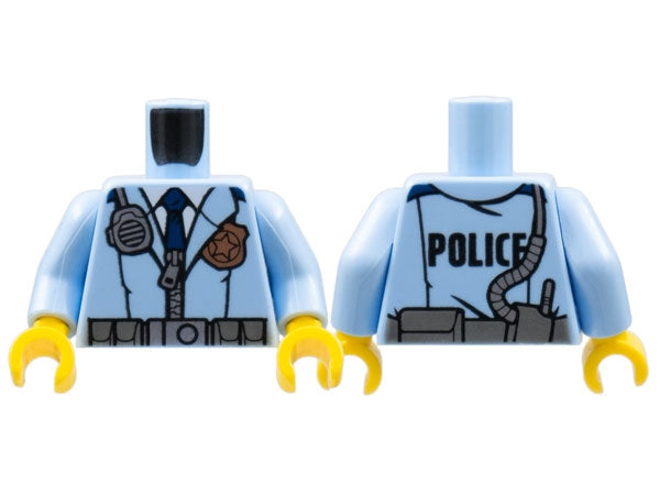 LEGO 973pb2169c01 Torso Police Male Jacket with Zipper, Dark Blue Tie, Gold Badge, Radio and &#39;POLICE&#39; Pattern on Back /  Arms / Yellow Hands - Main Product Image