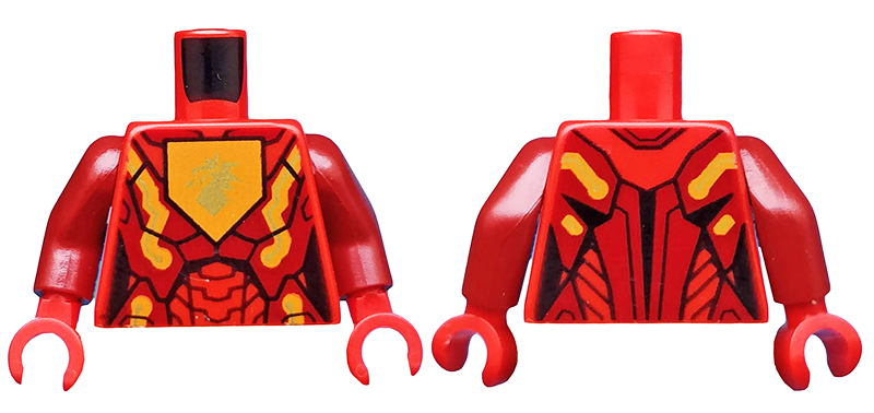 LEGO 973pb2234c01 Torso Nexo Knights Female Armor with Orange and Gold Circuitry and Gold Dragon Head on Orange Pentagonal Shield Pattern / Dark Red Arms / Red Hands - Main Product Image