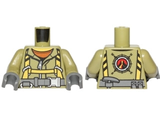 LEGO 973pb2453c01 Torso Volcano Explorer Jumpsuit with Dark Bluish Gray Belt and Yellow Harness Front, Volcano Logo Back Pattern /  Arms / Dark Bluish Gray Hands - Main Product Image