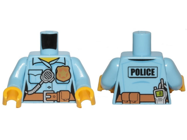 LEGO 973pb2663c01 Torso Police Female Shirt with Gold Badge, Dark Tan Belt with Pocket and 'POLICE' and Radio on Back Pattern /  Arms / Yellow Hands - Main Product Image