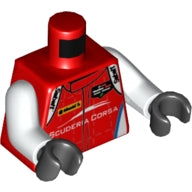 LEGO 973pb3120c01 Torso Speed Champions with 'Sabelt' Logo on Shoulders and 'SCUDERIA CORSA' Logo on Front and Back Pattern / White Arms / Black Hands - Main Product Image