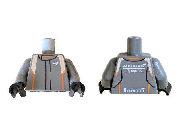 LEGO 973pb3505c01 Torso Racing Suit with Orange and Silver Stripes, &#39;McLaren&#39;, &#39;SENNA&#39; and &#39;PIRELLI&#39; Logo Pattern /  Arms / Black Hands - Main Product Image