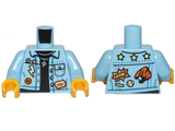 LEGO 973pb3668c01 Torso Denim Jacket over Black Shirt with Badges, 'YO!', 'POW!' and Silver Necklace with 'P' Pendant Pattern / Bright Light Blue Arms / Yellow Hands - Main Product Image