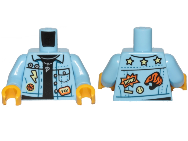LEGO 973pb3668c01 Torso Denim Jacket over Black Shirt with Badges, 'YO!', 'POW!' and Silver Necklace with 'P' Pendant Pattern / Bright Light Blue Arms / Yellow Hands - Main Product Image
