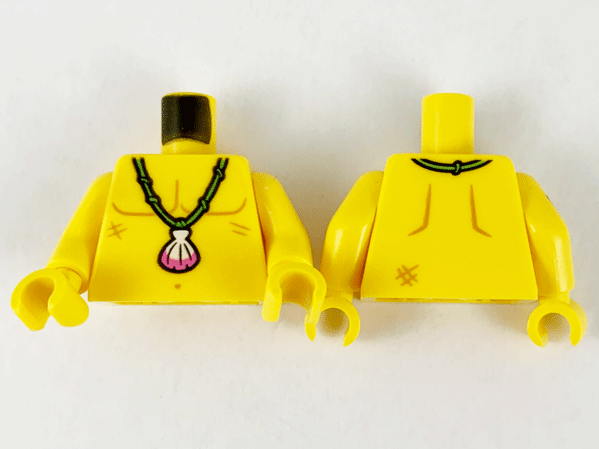 LEGO 973pb4135c01 Torso Bare Chest Outline, Medium Nougat Scars and Bright Green Necklace with Shell Pattern / Yellow Arm Left / Yellow Arm Right with Anchor Tattoo Pattern / Yellow Hands - Main Product Image