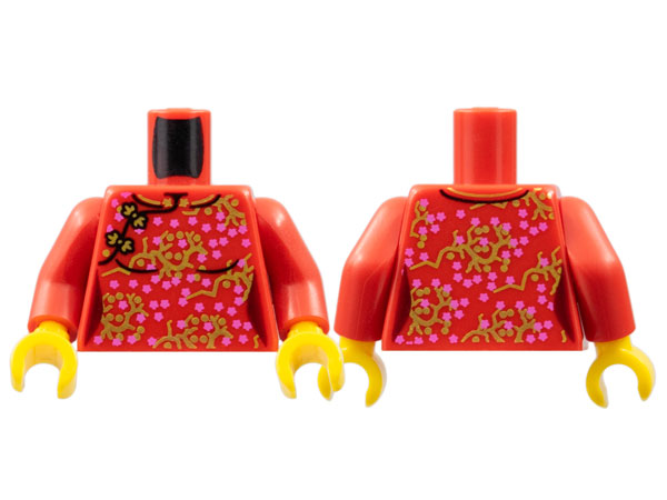LEGO 973pb4620c01 Torso Female Oriental Dress with Dark Pink Flowers on Gold Branches Pattern (BAM) / Red Arms / Yellow Hands - Main Product Image