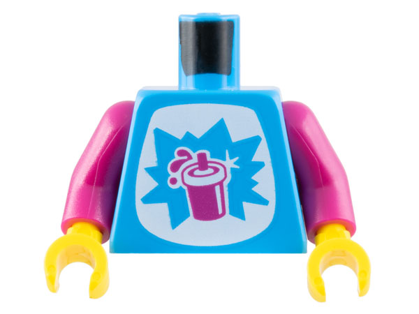 LEGO 973pb4979c01 Torso White Tummy with Starburst Explosion and Magenta Slushy Cup with Lid and Straw Pattern / Magenta Arms / Yellow Hands - Main Product Image