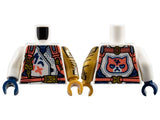 LEGO 973pb5226c01 Torso Racing Jacket with Dark Blue Panels, Coral Harness Straps with Gold Buckles, Zipper, and Key on Keychain, Grumpy Cat Face on Back Pattern / Pearl Gold Arm Left with Armor Pattern /  Arm Right / Pearl Gold Hand Left / Dark Blue Hand Right - Main Product Image