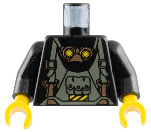 LEGO 973px143c01 Torso Rock Raiders Dark Gray Overalls with Pouch and Copper Buckles, Goggles, Danger Stripes Patch Pattern /  Arms / Yellow Hands - Main Product Image