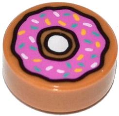 LEGO 98138pb021 Tile, Round 1 x 1 with Donut / Doughnut with Dark Pink Frosting and Sprinkles Pattern - Main Product Image