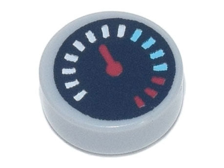 LEGO 98138pb175 Tile, Round 1 x 1 with Black Gauge with Red Pointer and White, Medium Azure, and Red Tick Marks Pattern - Main Product Image