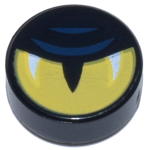 LEGO 98138pb386 Tile, Round 1 x 1 with Yellow Eye Half Closed, Slit Pupil, White Glints, and Dark Blue Eyelid Lines Pattern - Main Product Image