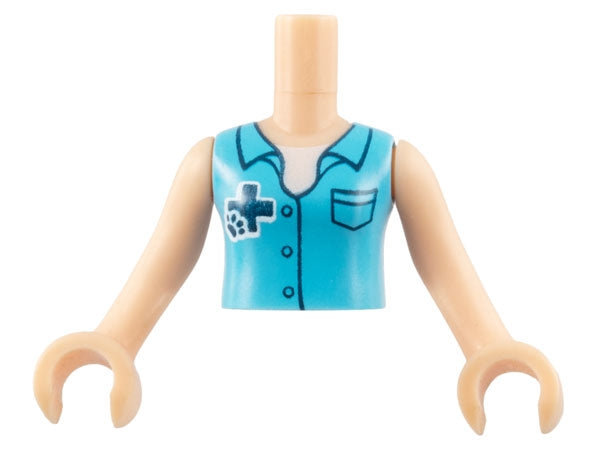 LEGO FTGpb070c01 Torso Mini Doll Girl Medium Azure Blouse Top with Dark Blue Cross Logo and Animal Paw over White Shirt Pattern,  Arms with Hands - Main Product Image