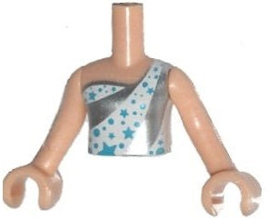 LEGO FTGpb084c01 Torso Mini Doll Girl White and Silver Sleeveless One Strap Top with Medium Azure Stars and Circles Pattern,  Arms with Hands - Main Product Image