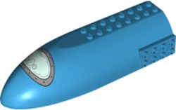 Blue curved aircraft fuselage, 6x16x3, with space rocket window and silver frame pattern.