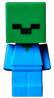 A LEGO-style baby zombie figure with a green block head, simple black face, and a light blue torso with a subtle green cross print on the chest.