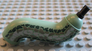 LEGO bb0296pb01 Serpent Basilisk Neck S-Curve with Fixed Black Pin with Dark Gray, Dark Green, and Light Gray Scales Pattern - Main Product Image