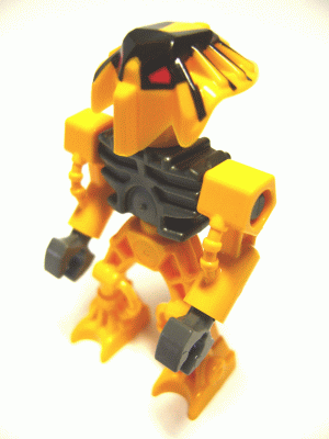 Yellow and black Bionicle Toa Mahri Hewkii mini-figure with a distinctive mask, standing on a white background.
