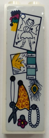 White LEGO brick 1x2x5 with sticker showing fashion sketches, fabric swatches, scissors, pearl necklace, flower, and feather.